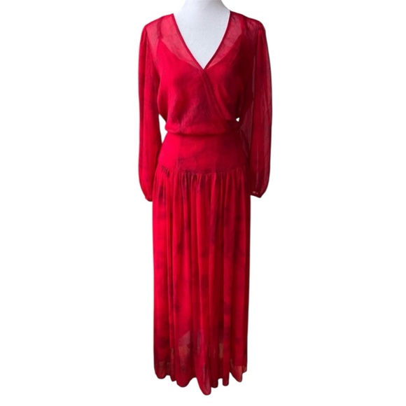 Calvin Klein Red Chiffon Wrap Front Long Blouson Sleeve Boho Maxi Dress Size 10 - Picture 1 of 14
